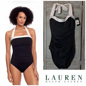 Lauren Ralph Lauren Shirred Bandeau Halter black + white 1 Piece Swimsuit NWT 12